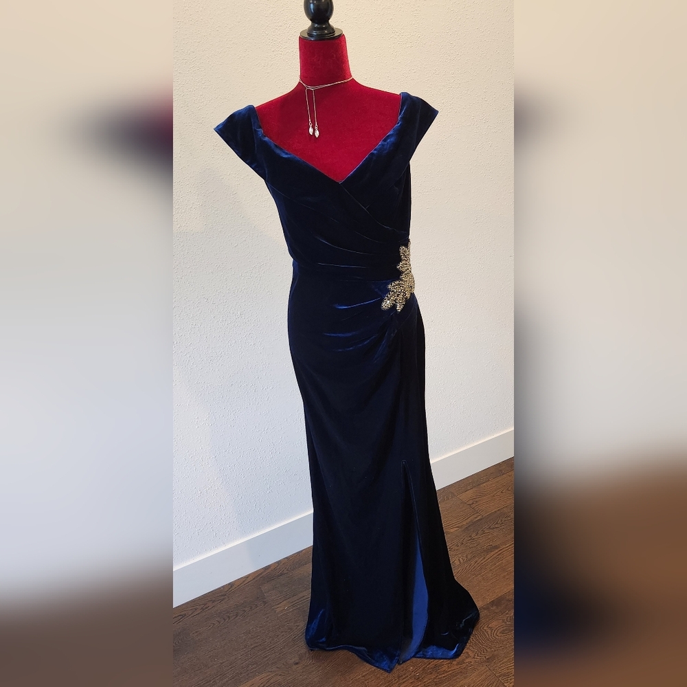 Alex Evenings Navy Velvet Maxi Dress with Gold Detail